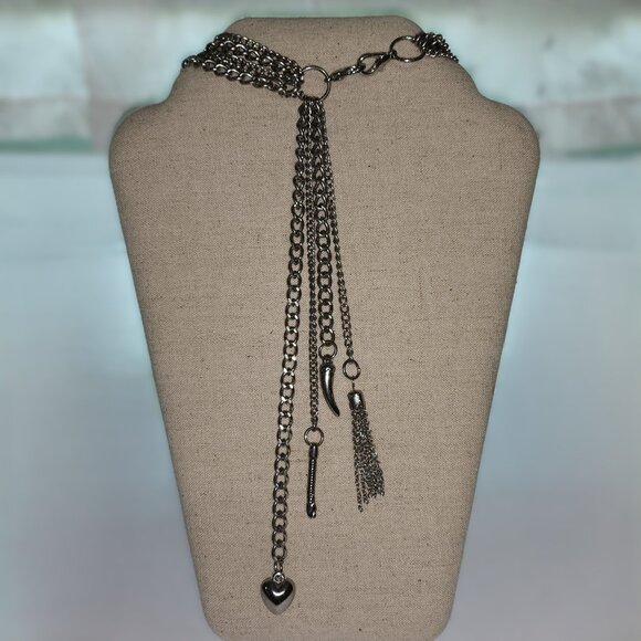 BFD-Silver toned Multi Strand Necklace with Heart Charm - Picture 4 of 6